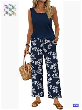 Two Piece Sets Women Summer Tank Square Neck Sleeveless Wide Leg Pants Set